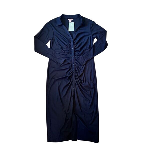 BLACK RUCHED BUTTON MIDI DRESS  by H&M | Size L (12-14) | New with tags - Picture 1 of 3